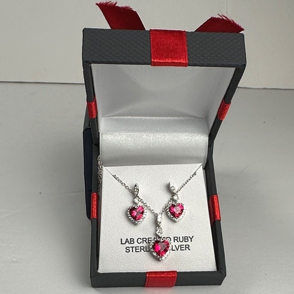 Sterling Silver Lab Ruby Heart Necklace Earrings Set July Birthstone NIB Regal - Picture 8 of 8